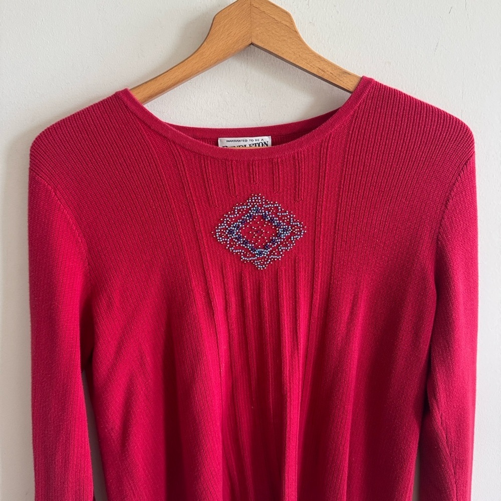 Vintages 90s Pendelton Sweater Aztec Beaded Red knit Cotton Pullover Sz. Medium - Picture 2 of 4